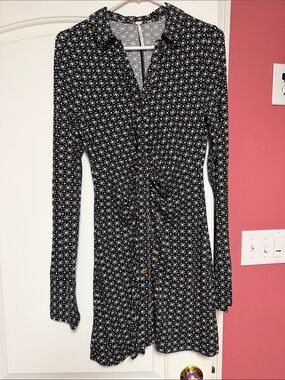 Free People Black and White Button-Front Long Sleeve Dress